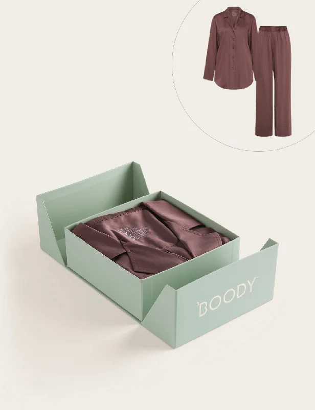 Final Markdown Don't miss outSet Giftbox - Vegan Silk Long Sleeve Sleep Shirt & Wide Leg Sleep Pant - Garnet Final Markdown Don't miss outSet Giftbox - Vegan Silk Long Sleeve Sleep Shirt & Wide Leg Sleep Pant - Garnet