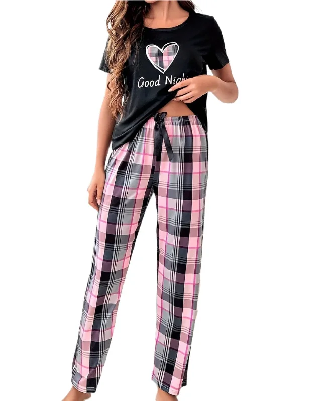 Fantastic Offers Unbeatable pricesWomens Cozy Plaid Heart & Slogan Print Relaxed Fit Pajama Set - Soft Mid-Elasticity Polyester Crew Neck Top & Pants with Bow Details - Comfortable Casual Sleepwear for Adults All Seasons Fantastic Offers Unbeatable pricesWomens Cozy Plaid Heart & Slogan Print Relaxed Fit Pajama Set - Soft Mid-Elasticity Polyester Crew Neck Top & Pants with Bow Details - Comfortable Casual Sleepwear for Adults All Seasons